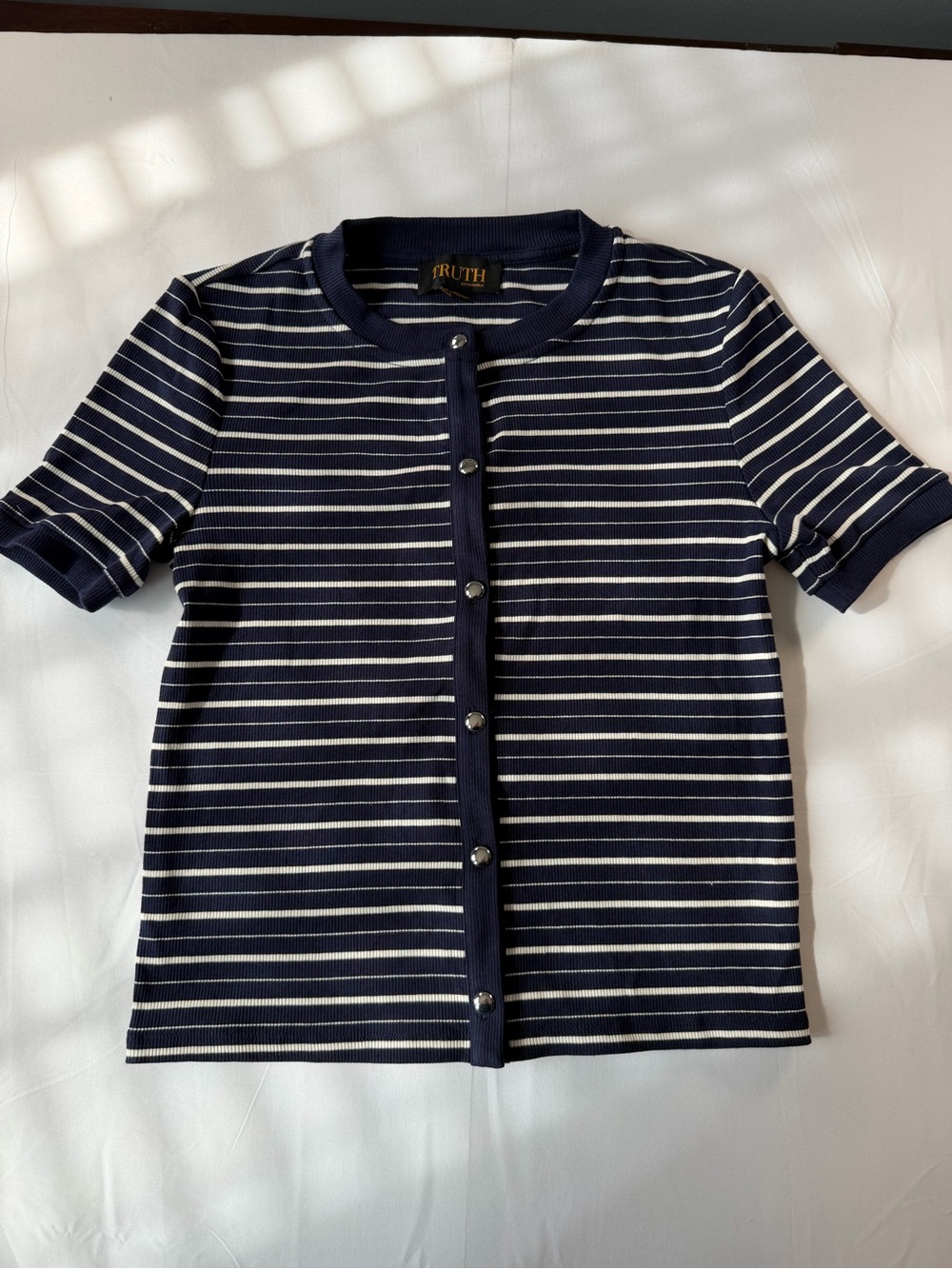 Truth Navy‎ & White Striped Ribbed Button Top